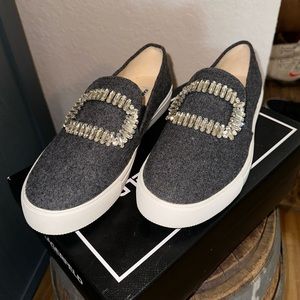 Karl Lagerfeld flannel rhinestone buckle 8.5 slip on sneaker